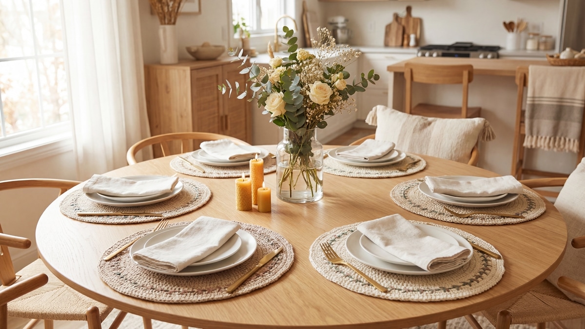 Mesa posta acolhedora com sousplats de crochê artesanal em algodão cru, louça neutra, talheres e arranjo floral, luz natural realçando textura circular e cuidado na preparação.