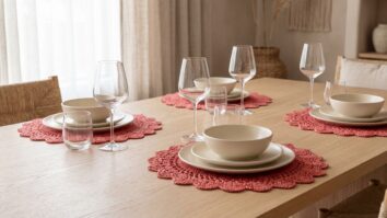 Sousplats artesanais de crochê em algodão vermelho, estilo moderno e sofisticado, dispostos sobre mesa de madeira clara com louça neutra e taça delicada, luz natural difusa destacando a textura rendada em composição elegante e refinada.