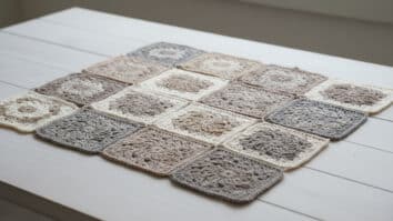 Squares de crochê em fio de algodão cru e tons naturais organizados sobre superfície de madeira clara, destacando tramas e texturas artesanais