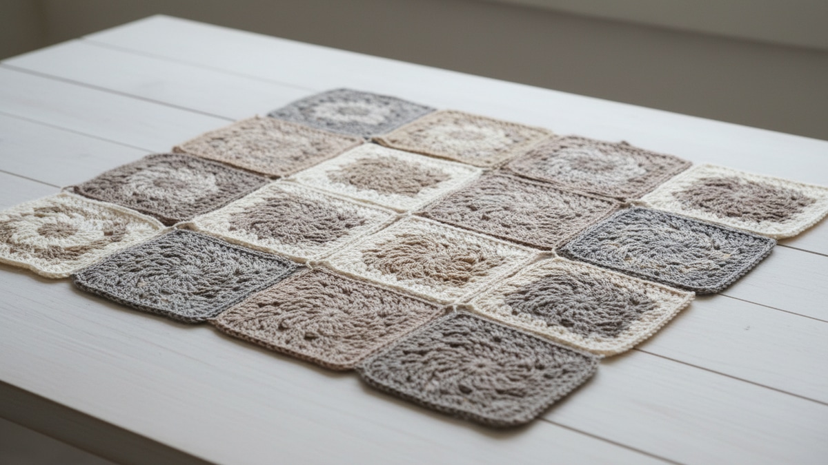 Squares de crochê em fio de algodão cru e tons naturais organizados sobre superfície de madeira clara, destacando tramas e texturas artesanais