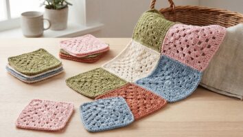 Composição editorial de squares de crochê coloridos em tons pastel e terrosos dispostos em superfície de madeira clara, sugerindo versatilidade para mantas, bolsas e roupas.