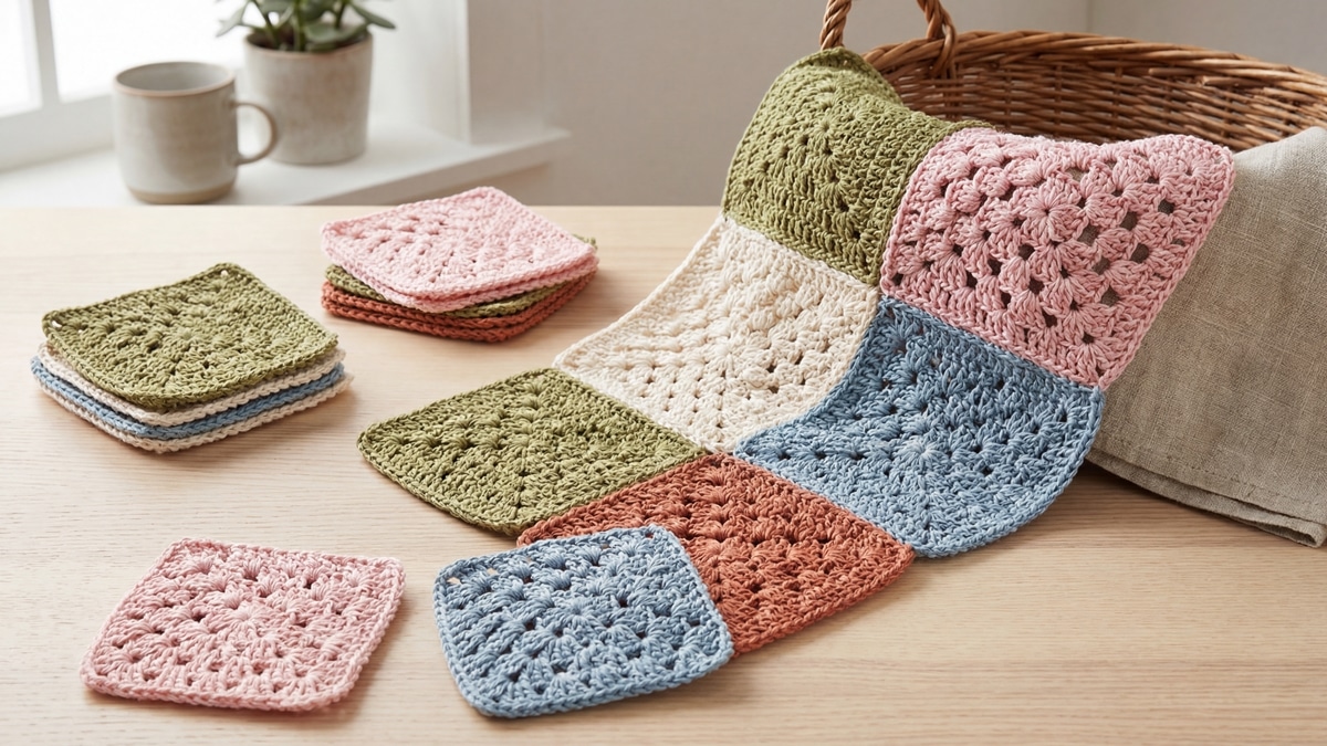 Composição editorial de squares de crochê coloridos em tons pastel e terrosos dispostos em superfície de madeira clara, sugerindo versatilidade para mantas, bolsas e roupas.