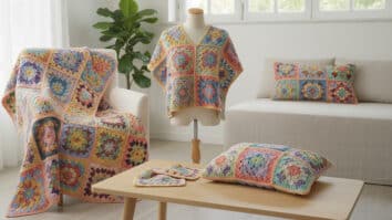 Composição de squares de crochê coloridos e vibrantes em algodão, com padrões diversos e geométricos dispostos harmoniosamente sobre superfície de madeira clara, demonstrando aplicações em mantas, blusas e almofadas com estética minimalista contemporânea.