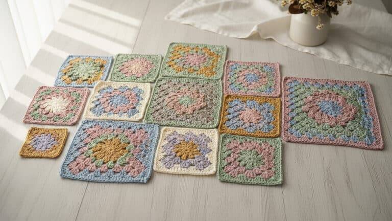 Composição decorativa com squares de crochê coloridos em algodão dispostos sobre mesa de madeira clara sob luz natural difusa