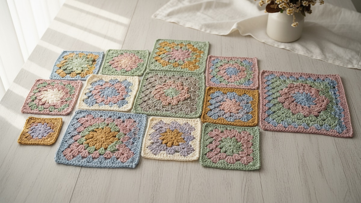 Composição decorativa com squares de crochê coloridos em algodão dispostos sobre mesa de madeira clara sob luz natural difusa