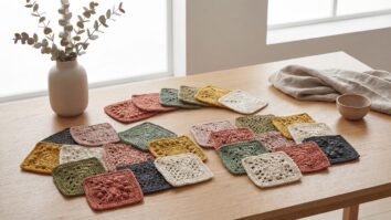 Squares de crochê em diferentes designs e cores contemporâneas sobre madeira clara, composição moderna e inspiradora