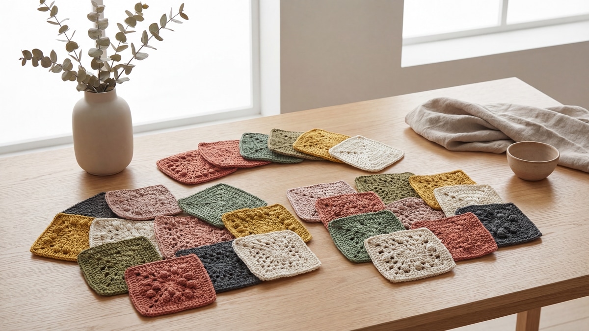 Squares de crochê em diferentes designs e cores contemporâneas sobre madeira clara, composição moderna e inspiradora