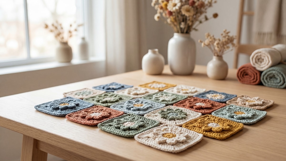 Múltiplos squares de crochê floral artesanal em algodão colorido, dispostos sobre madeira clara, composição editorial realista com luz natural destacando texturas e cores harmoniosas.