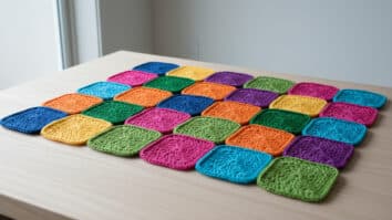 Squares de crochê em tons vivos organizados sobre superfície de madeira clara, destacando simetria, textura e acabamento artesanal