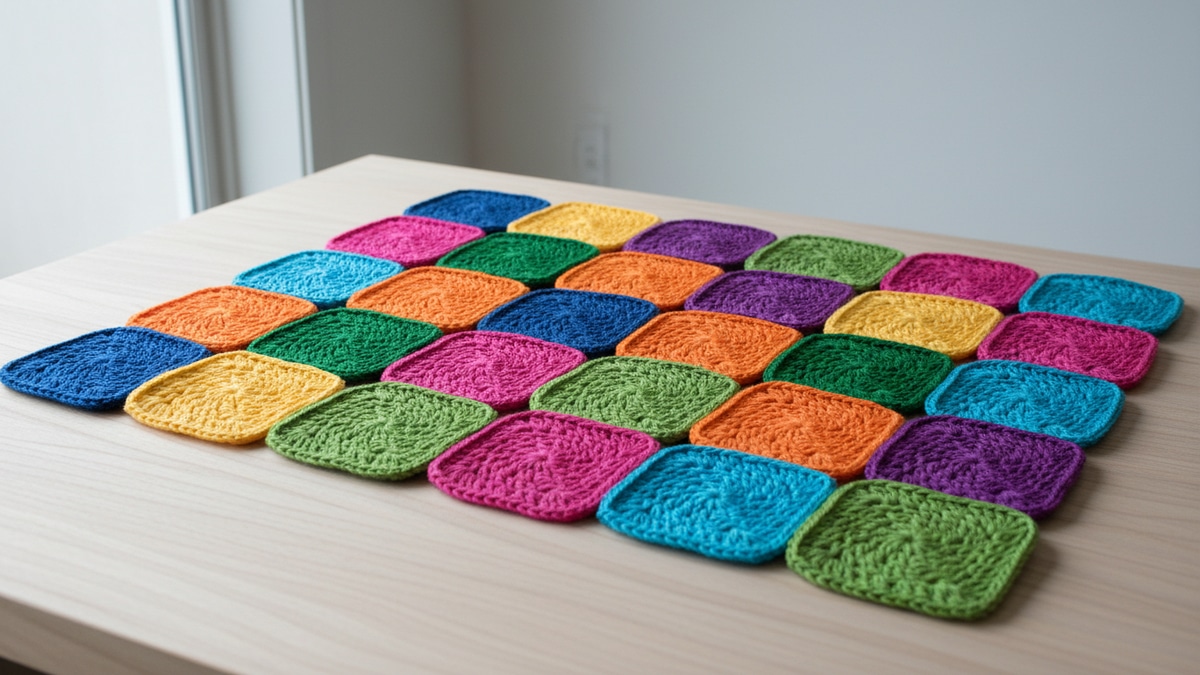 Squares de crochê em tons vivos organizados sobre superfície de madeira clara, destacando simetria, textura e acabamento artesanal