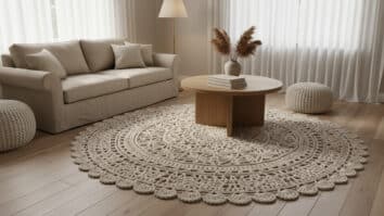 Sala acolhedora com tapete de crochê redondo rendado em barbante grosso tom cru natural sobre piso de madeira clara, com mobiliário neutro e luz natural difusa destacando a textura e o padrão rendado do trabalho artesanal.