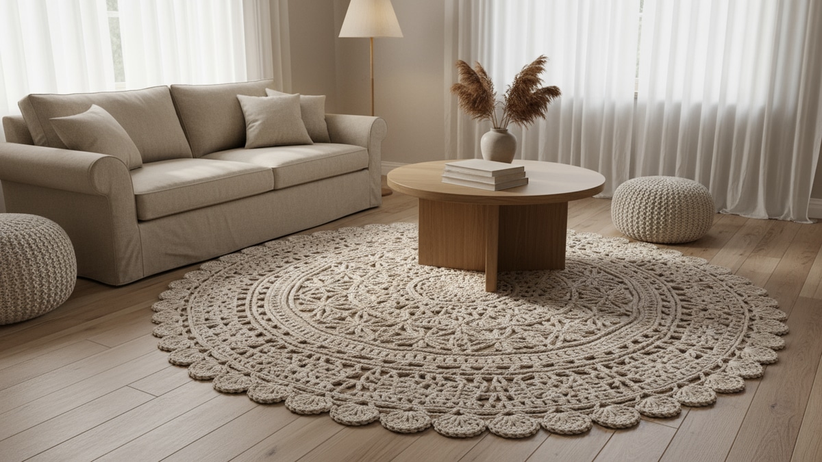 Sala acolhedora com tapete de crochê redondo rendado em barbante grosso tom cru natural sobre piso de madeira clara, com mobiliário neutro e luz natural difusa destacando a textura e o padrão rendado do trabalho artesanal.