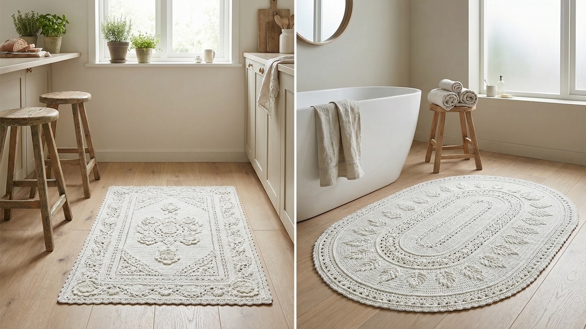 Cena editorial dividida: esquerda mostra tapete retangular de crochê branco em cozinha; direita mostra tapete oval em banheiro. Ambos em madeira clara, luz natural e atmosfera minimalista elegante.