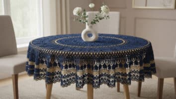 Toalha de mesa redonda em crochê artesanal azul escuro com detalhes rendados dourados e bicos decorativos, posicionada corretamente sobre mesa de madeira clara em sala de jantar, com vaso de porcelana chique e flores delicadas no centro.