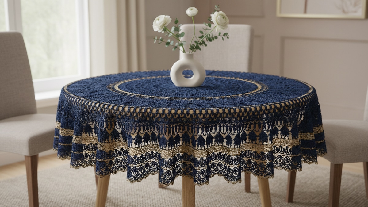 Toalha de mesa redonda em crochê artesanal azul escuro com detalhes rendados dourados e bicos decorativos, posicionada corretamente sobre mesa de madeira clara em sala de jantar, com vaso de porcelana chique e flores delicadas no centro.