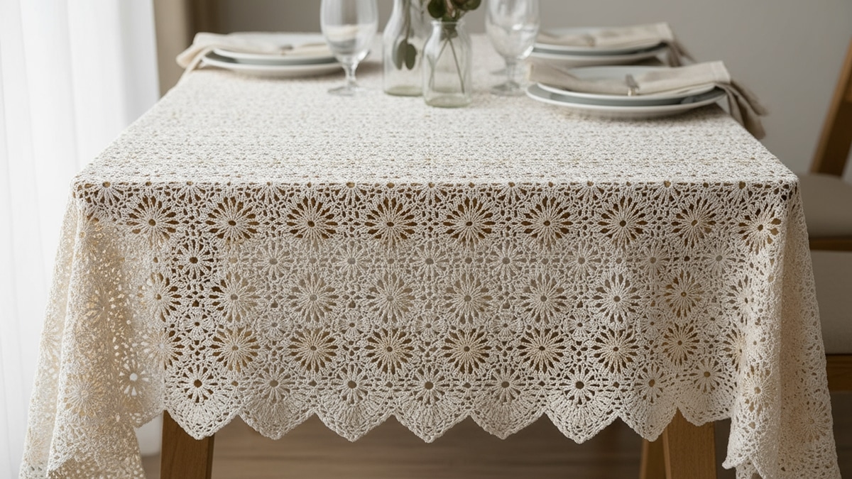 Mesa de madeira completamente coberta por toalha de crochê fina em tons off-white e bege com detalhes dourados vista de cima