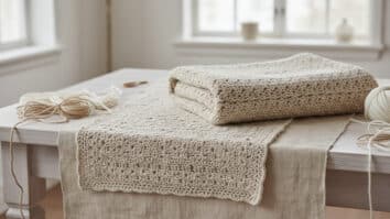 Mesa de ateliê com toalha e manta de crochê em tons neutros com bicos delicados sobre superfície de madeira clara em ambiente aconchegante