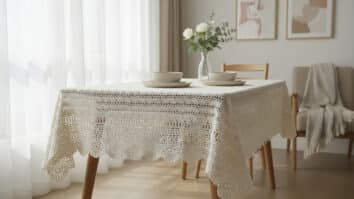 Sala de jantar com toalha de mesa de crochê em tons neutros sobre mesa de madeira clara, com louça neutra e vaso de flores discretas