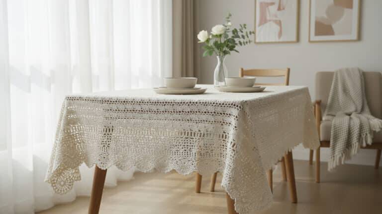Sala de jantar com toalha de mesa de crochê em tons neutros sobre mesa de madeira clara, com louça neutra e vaso de flores discretas