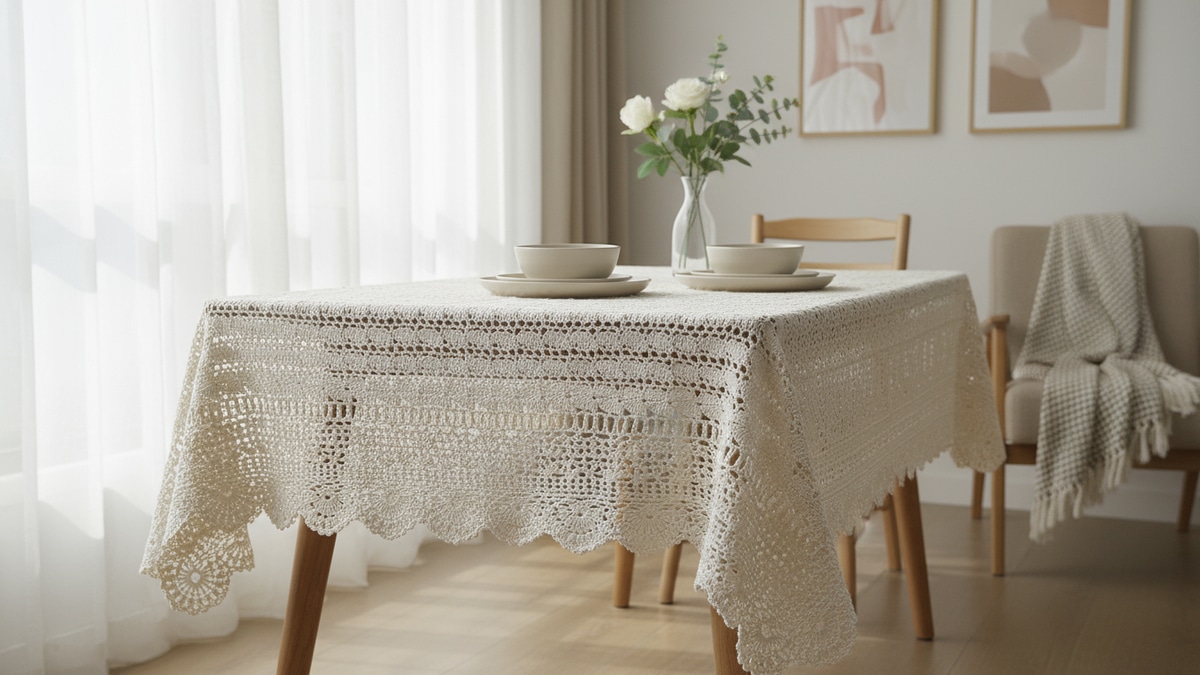 Sala de jantar com toalha de mesa de crochê em tons neutros sobre mesa de madeira clara, com louça neutra e vaso de flores discretas
