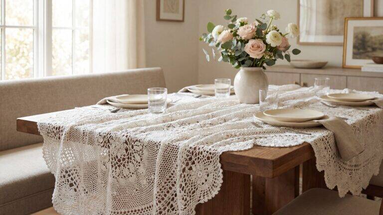 Sala de jantar elegante com toalha de mesa de crochê artesanal em algodão branco estendida sobre mesa de madeira real, louça neutra, arranjo floral ao centro, luz natural realçando textura delicada.