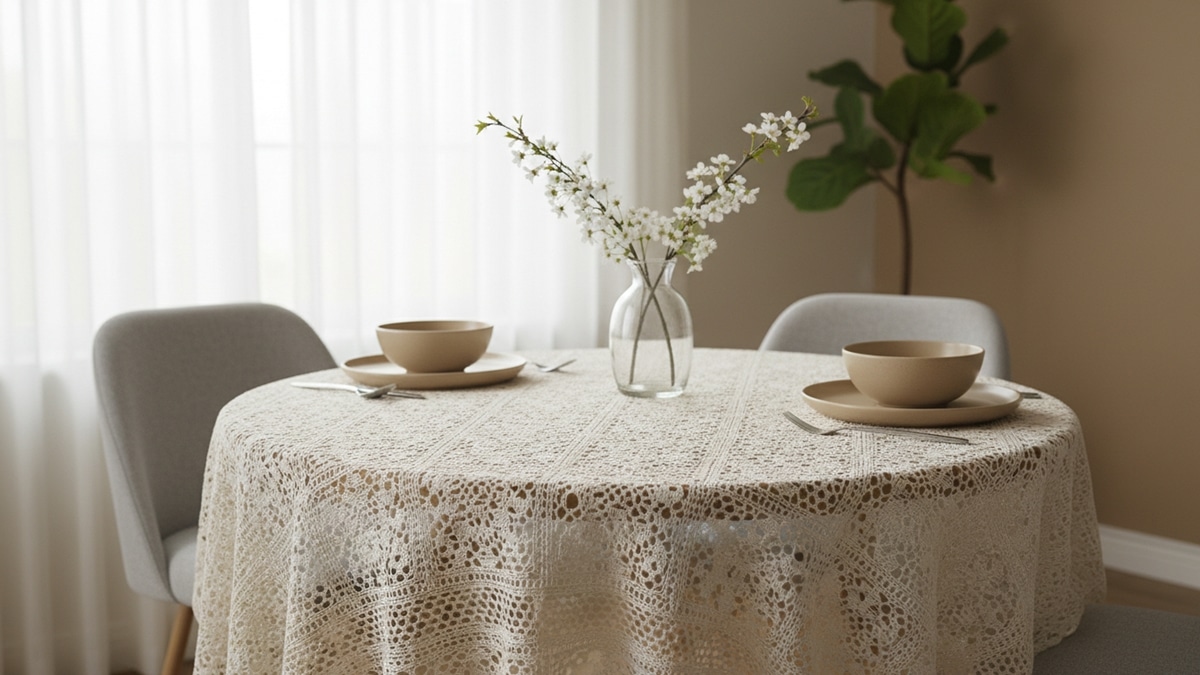 Toalha de mesa redonda em crochê branco sobre mesa de madeira clara em sala de jantar elegante, trama rendada artesanal, louça neutra e luz natural suave acolhedora.