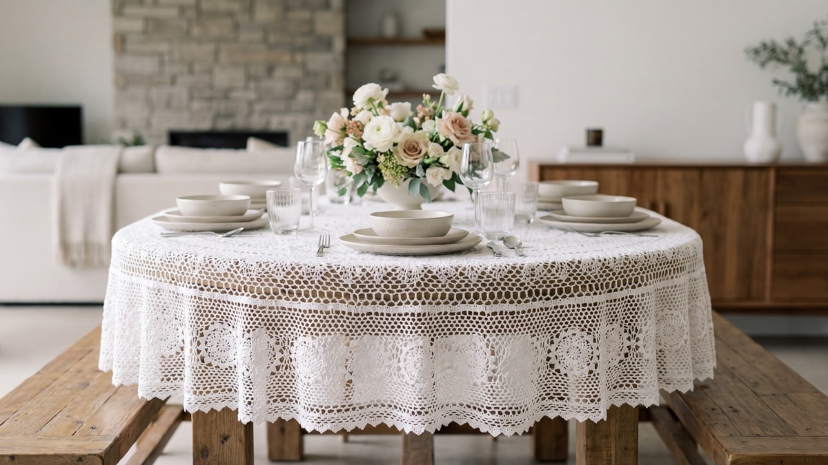 Sala de jantar elegante com toalha redonda de crochê artesanal em algodão branco sobre mesa de madeira real, louça neutra, arranjo floral ao centro, luz natural realçando textura delicada.