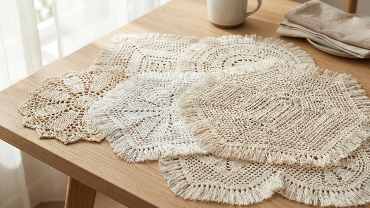 Toalhinhas de crochê artesanais em algodão cru com trama rendada simétrica e desenhos bem definidos, dispostas sobre superfície neutra elegante, estilo delicado e artístico em ambiente sereno.