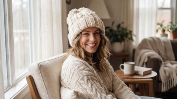 Mulher sorridente usando touca de crochê artesanal em algodão cru em estilo moderno e fofinho, com luz natural destacando textura macia e dobras elegantes em ambiente aconchegante.