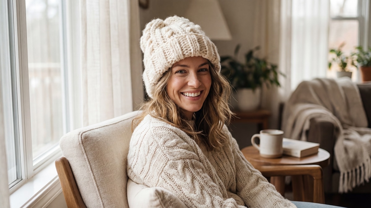 Mulher sorridente usando touca de crochê artesanal em algodão cru em estilo moderno e fofinho, com luz natural destacando textura macia e dobras elegantes em ambiente aconchegante.