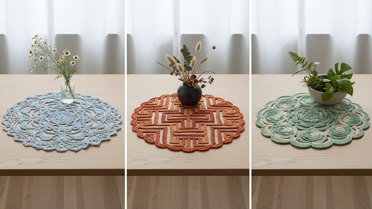 Composição editorial dividida em três partes mostrando diferentes centros de mesa em crochê circular com padrões únicos, cada um acompanhado apenas de um pequeno arranjo vegetal sobre mesas de madeira clara sob iluminação natural difusa.