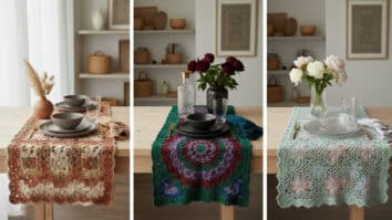 Três mesas postas com caminhos de crochê artesanal em estilos e cores diferentes, cena editorial sofisticada com luz natural