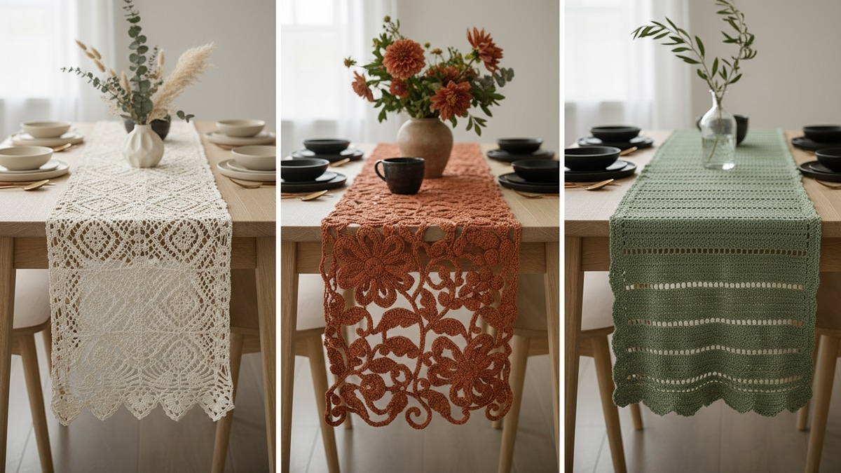 Composição dividida em três partes mostrando mesas de jantar em madeira clara, cada uma decorada com um trilho de crochê artesanal de estilo e cor diferentes, iluminadas por luz natural difusa destacando as texturas e acabamentos.