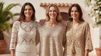 Três mulheres sorridentes em cenário de verão usando diferentes blusas de crochê artesanais em tons off-white, bege e areia com estilos variados