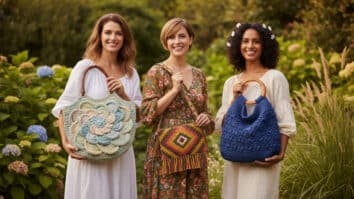 Três mulheres com bolsas de crochê em cores e estilos diferentes, cena editorial de jardim/verão com luz natural quente