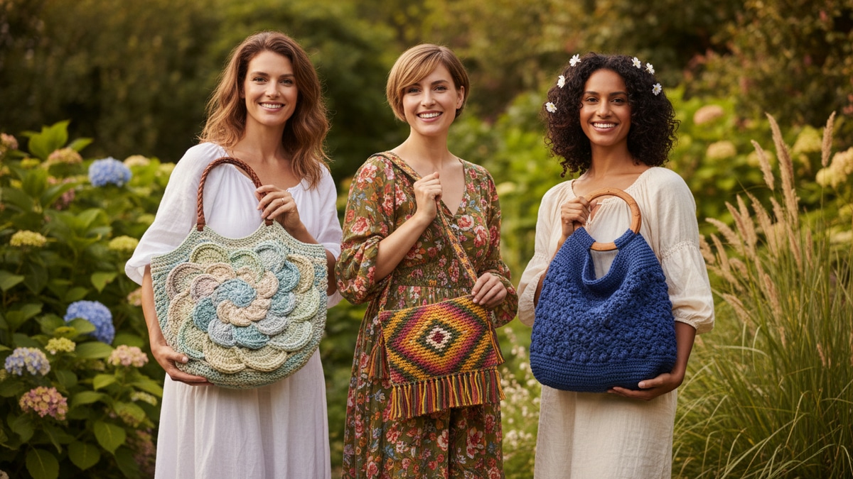 Três mulheres com bolsas de crochê em cores e estilos diferentes, cena editorial de jardim/verão com luz natural quente