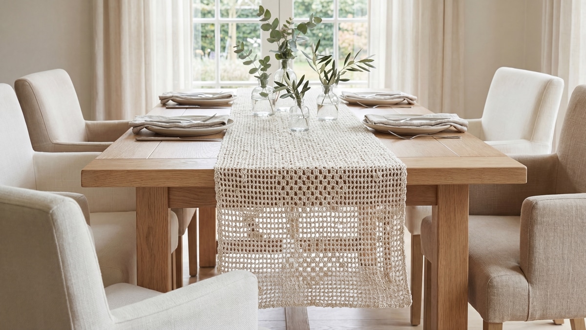 Trilho de mesa de crochê artesanal em algodão cru estendido em mesa de madeira clara, acompanhado de louça neutra e vaso com folhagens, luz natural realçando textura delicada.