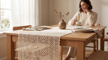 Trilho de mesa artesanal de crochê em algodão cru, estilo clássico-acolhedor, estendido sobre mesa de madeira clara em sala de jantar com louça neutra e vaso discreto, luz natural difusa destacando a textura rendada e desenho gráfico.