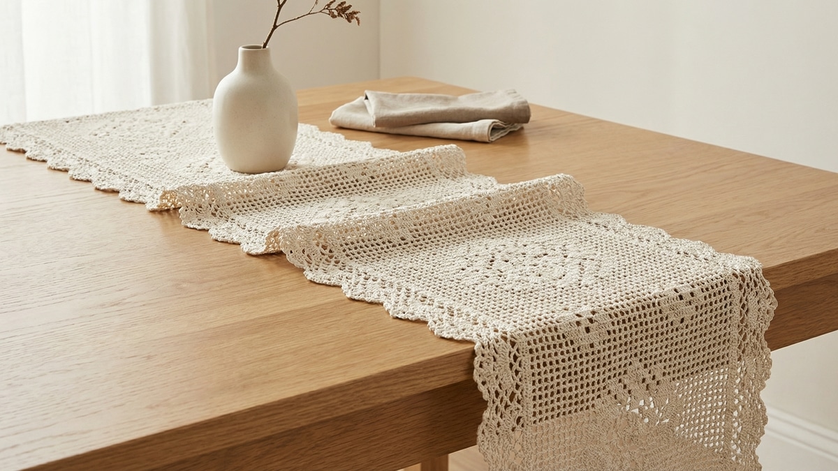 Trilho de mesa de luxo em crochê algodão cru com detalhes rendados em mesa minimalista de madeira clara.