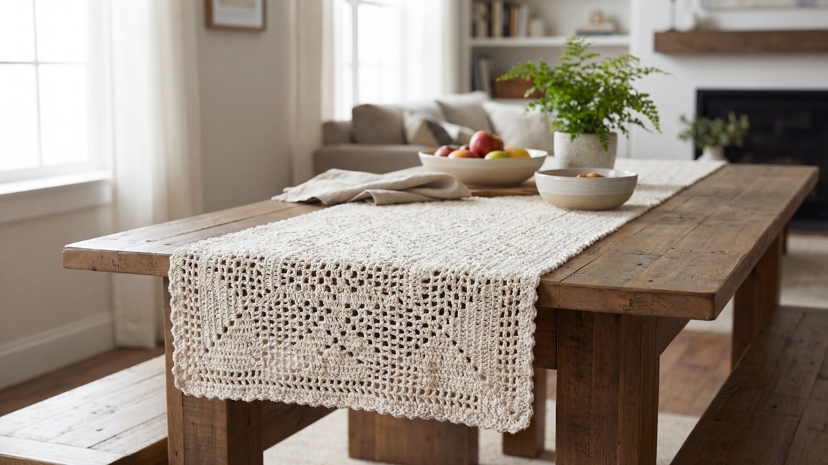 Trilho de mesa em crochê artesanal de algodão cru com trama delicada, disposto sobre mesa posta minimalista em ambiente aconchegante com luz natural difusa destacando pontos e relevos.