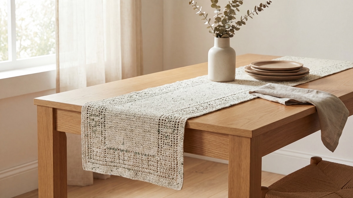 Trilho de mesa de crochê off-white com toques verdes sobre mesa de madeira clara, ambiente aconchegante com cerâmica minimalista