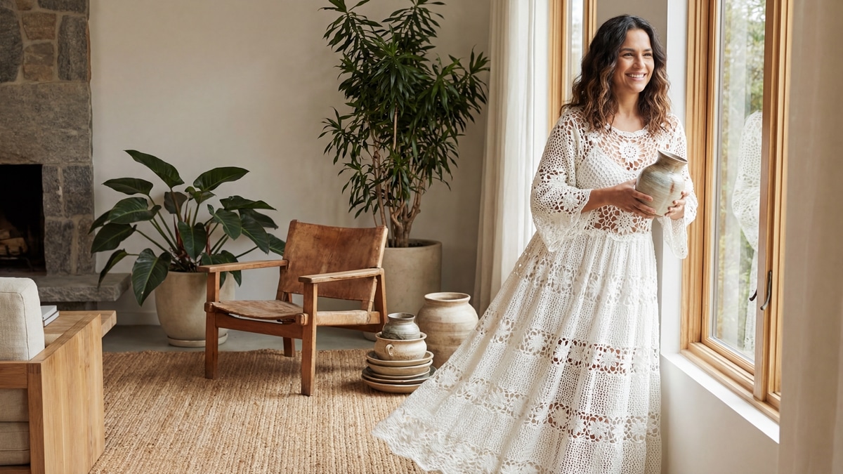 Mulher brasileira com vestido de crochê branco em ambiente moderno, design elegante e sustentável com textura delicada
