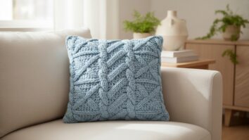 Almofada de crochê artesanal em algodão azul claro com textura, sala acolhedora contemporânea com plantas ao fundo