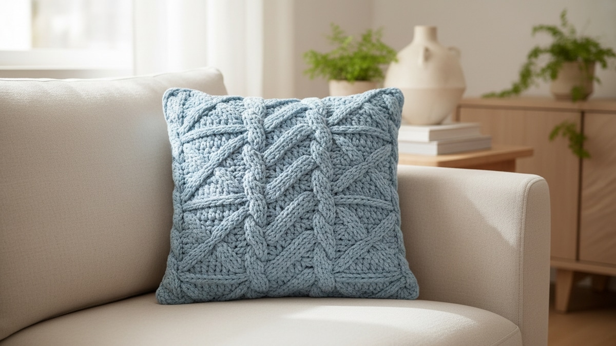 Almofada de crochê artesanal em algodão azul claro com textura, sala acolhedora contemporânea com plantas ao fundo