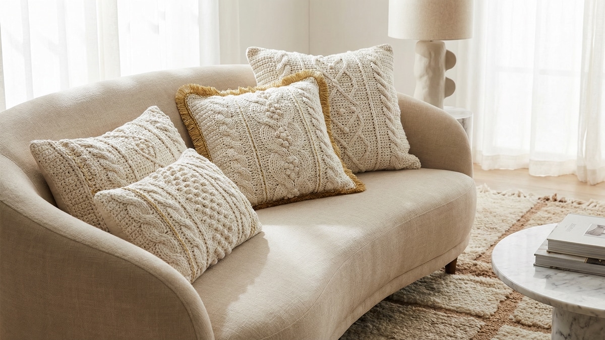 Almofadas de crochê de luxo finalizadas em algodão premium off-white com detalhes dourados dispostas sobre sofá de tecido neutro em sala sofisticada