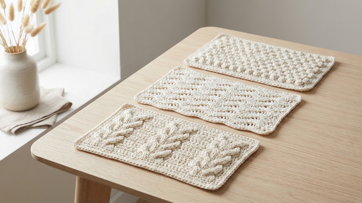 Composição de amostras de pontos de crochê artesanais em algodão cru com diferentes texturas organizadas em mesa de madeira clara