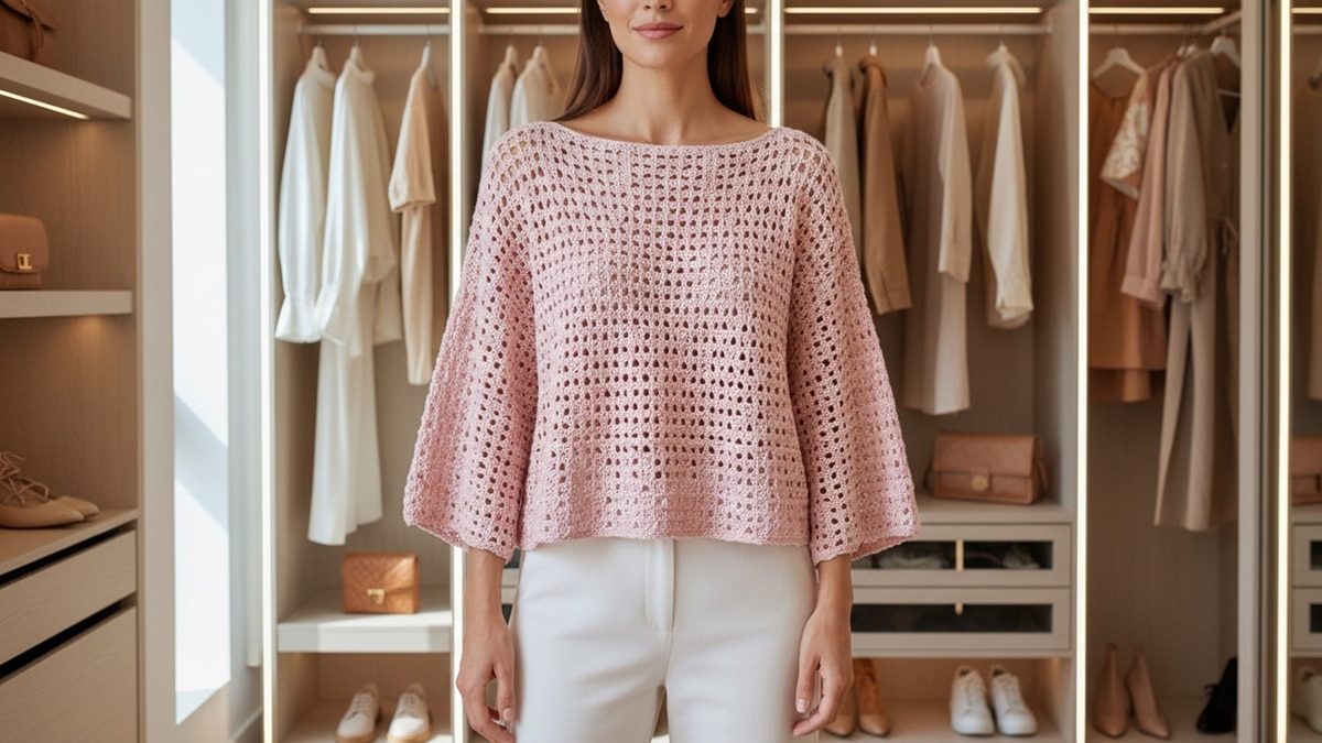 Mulher em closet moderno usando blusa de crochê artesanal em algodão rosa claro, modelo tendência urbano-casual contemporâneo