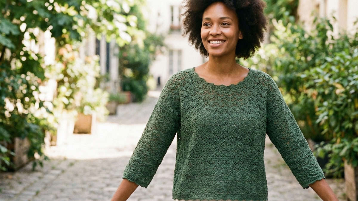 Mulher sorrindo usando blusa de crochê artesanal em algodão verde de alta qualidade, estilo sustentável e atemporal, fundo urbano de verão