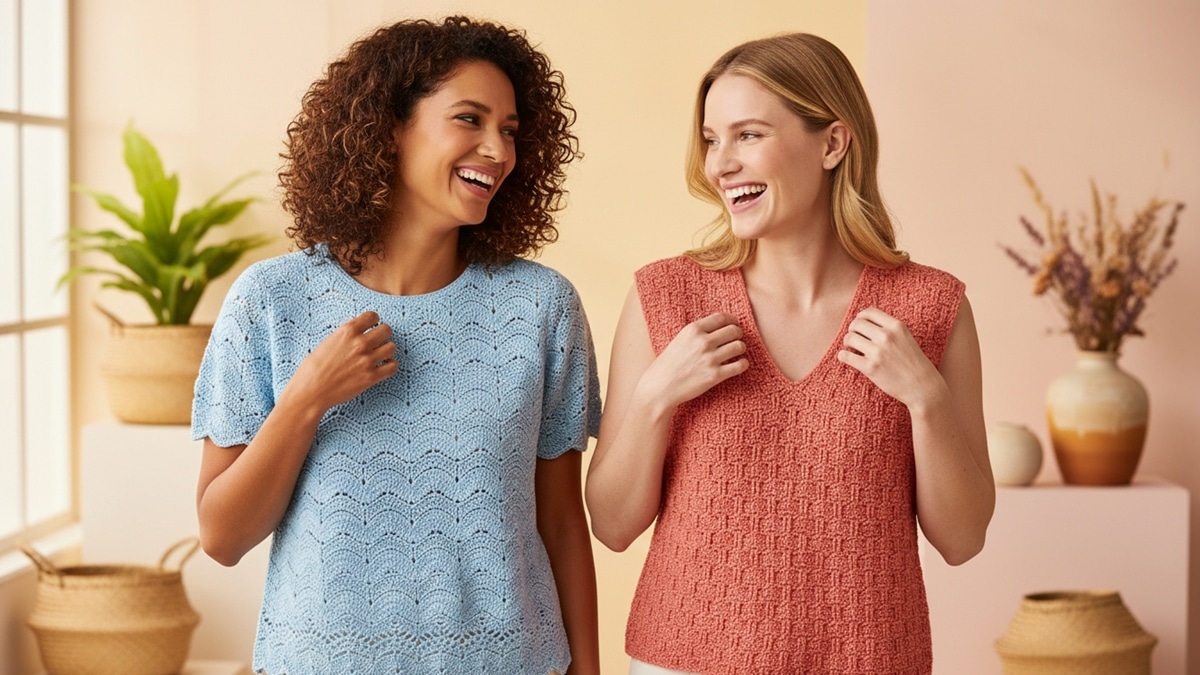 Duas mulheres sorrindo usando blusas de crochê artesanais em cores diferentes, modelo simples e elegante com fundo criativo e quente
