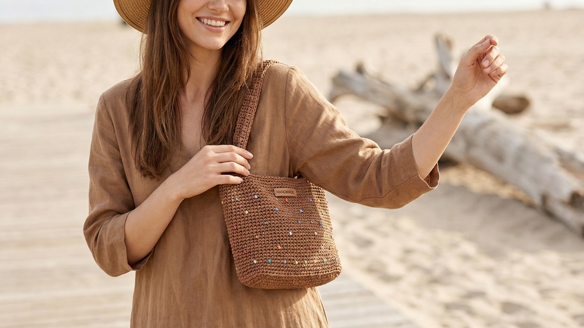 Mulher sorrindo usando bolsinha de crochê pequena e fofa artesanal em algodão marrom com toques coloridos em ambiente de praia urbana